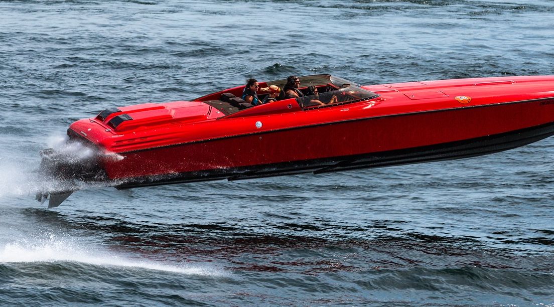 A speedboat catches air at the 1000 Islands Charity Poker Run in Clayton NY