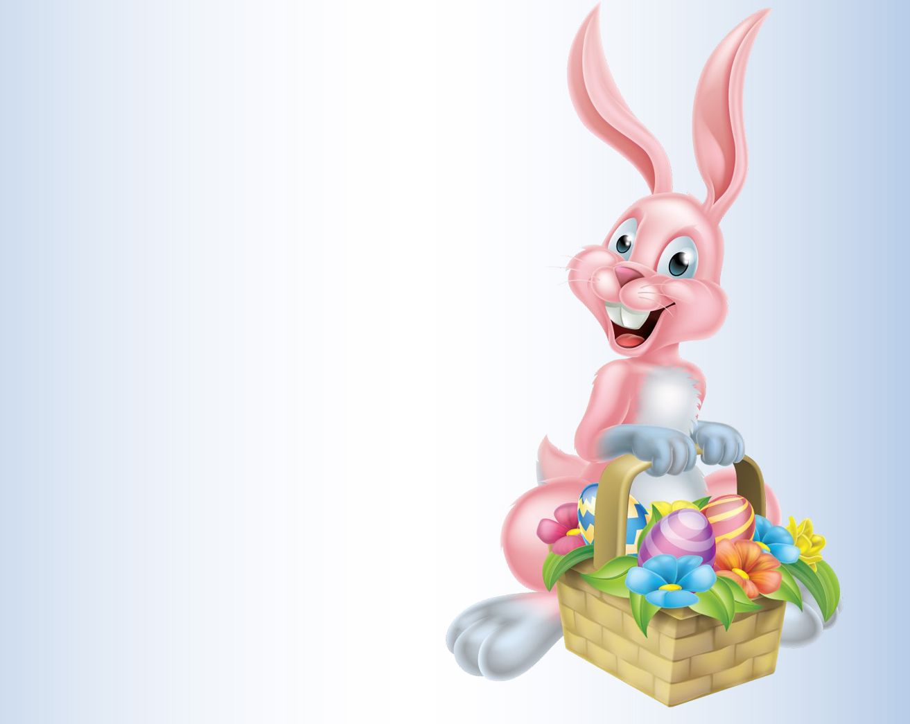 A cartoon easter bunny smiles with a basket of colored eggs