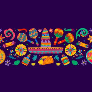 A colorful illustration of different Mexican-themed objects, such as a sombrero and tacos