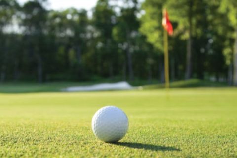 Golf ball in foreground with hole marker flag in background
