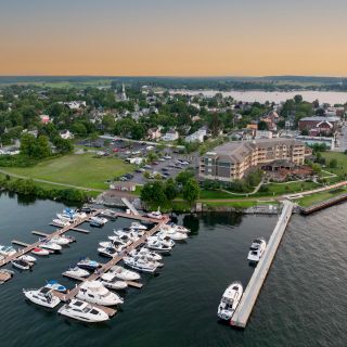 An aerial view of the 1000 Islands Harbor Hotel from the water