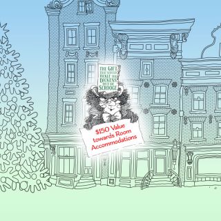 An image of Scrooge holding a sign that reads $150 towards room accommodations