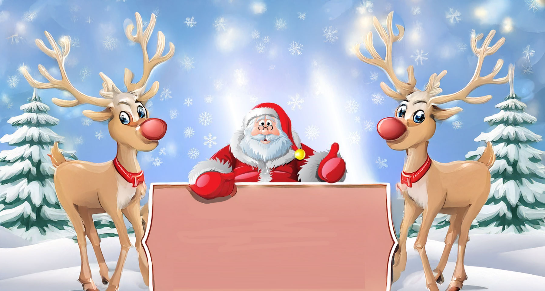 A cartoon Santa with Reindeer